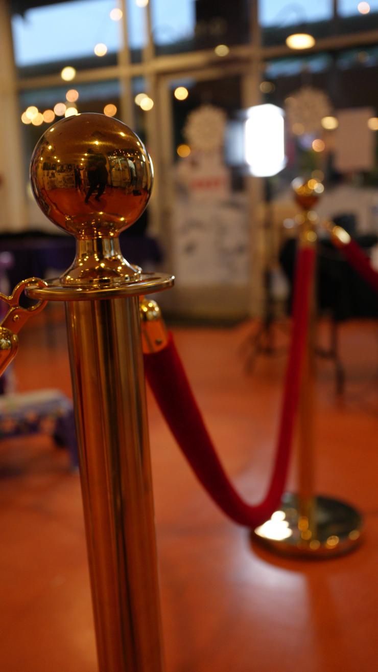 Close-up of brass and red velvet stanchions.